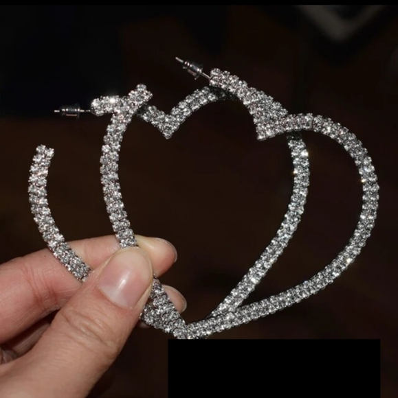 Huge Rhinestone Heart Silver Hoop Earrings CZ Crystal Pave Hoops New - Picture 10 of 14